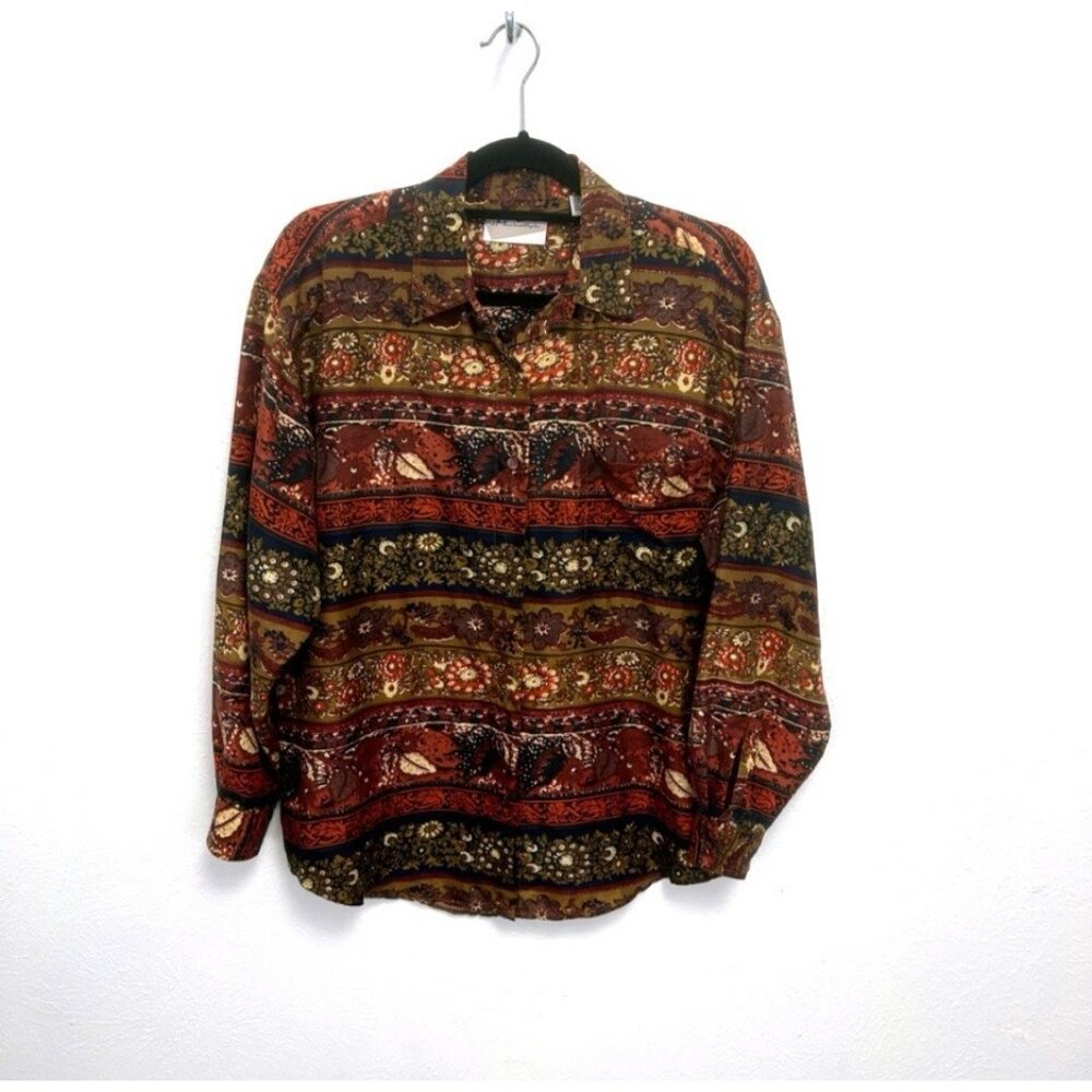 VtTG‎ J. Maclnally’s Brown Colorful Fall Floral 100% Silk Blouse Shirt M Autumn
